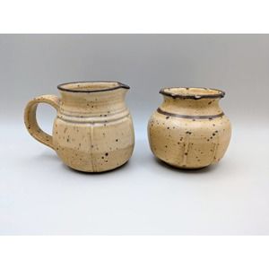 Vintage Signed Studio Pottery Stoneware Pitcher and Vase Matte Speckle Glaze